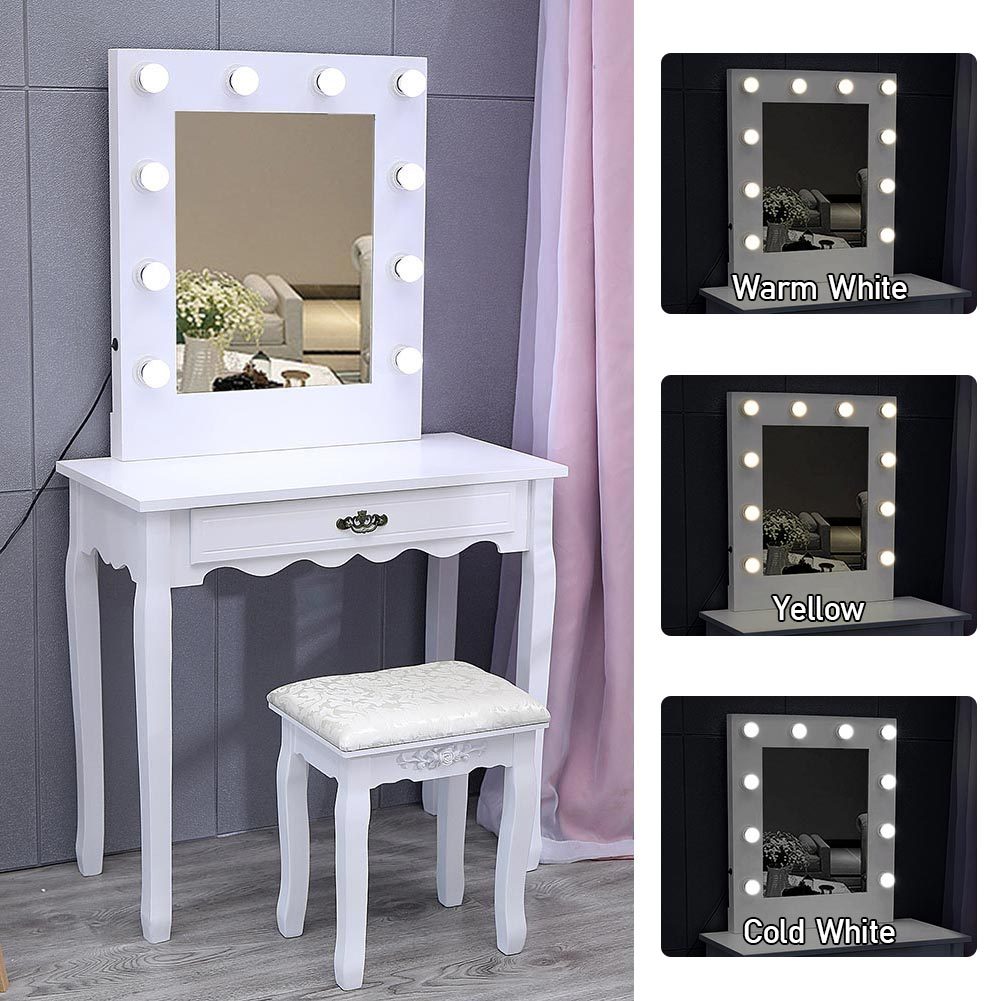 Modern White LED Vanity Dressing Table with Mirror Stool 4 Drawers