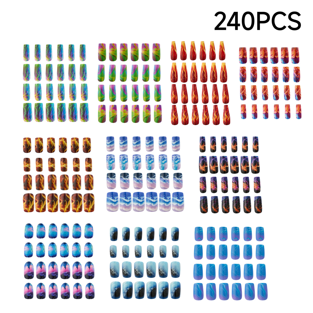 240PCS Lightning Press On Nails Red Blue Flame Fake Nails Set
