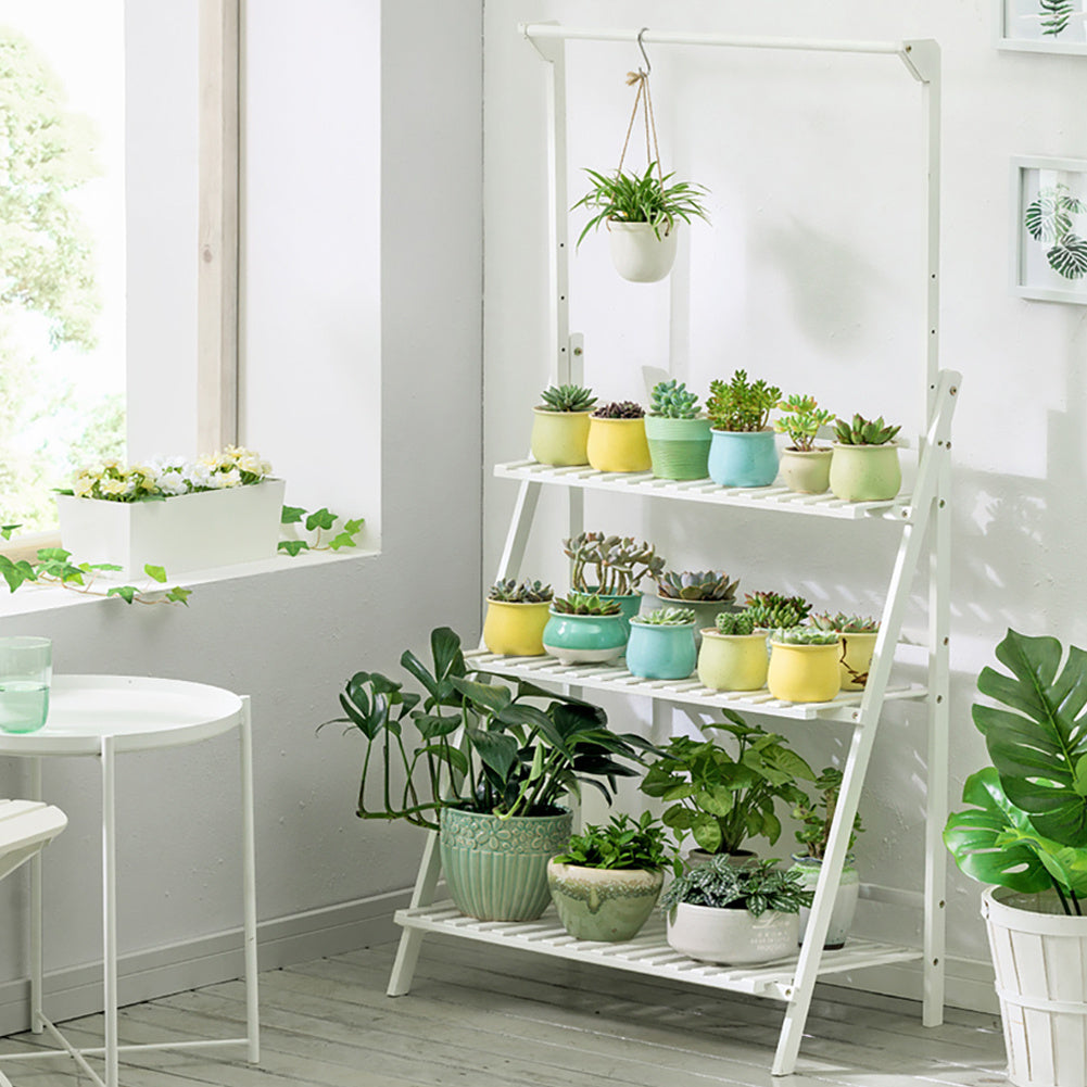 3 Tier Ladder Foldable Plant Stand with Hanging Bar, White