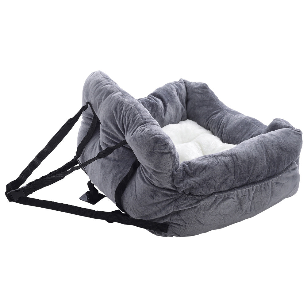 Cozy Dog Car Seat Bed with Storage Pocket and Adjustable Strap Grey