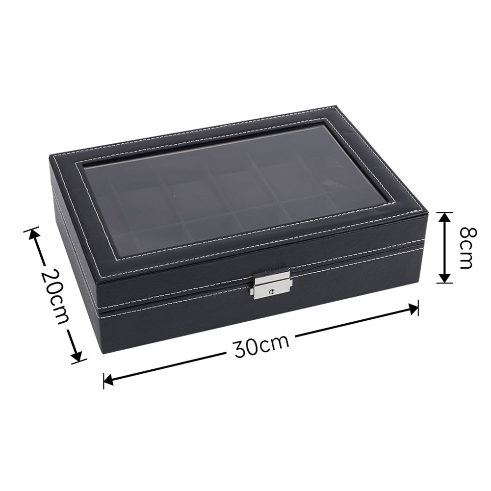 Black 12 Slot Synthetic Leather Watch Display Box