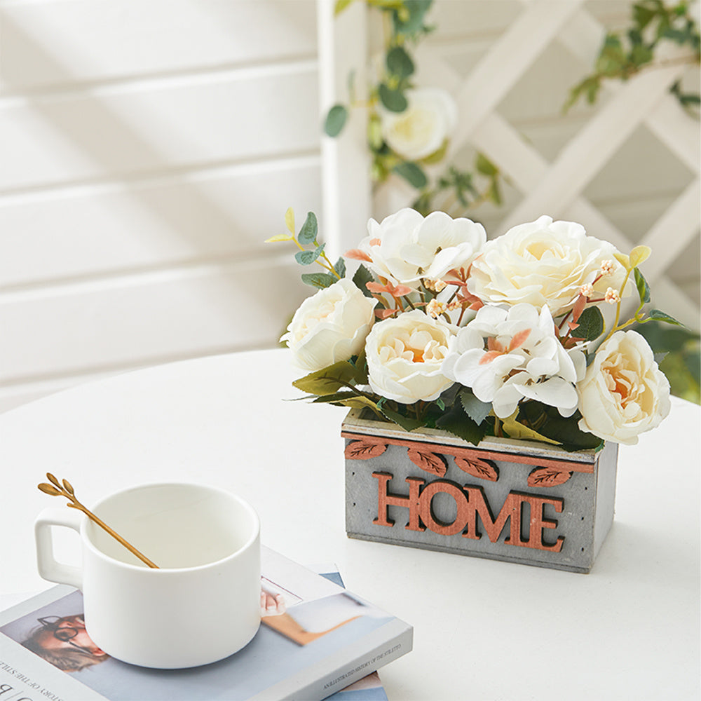 15CM Artificial White Hydrangea Peony Flower Plant with Wooden Pot