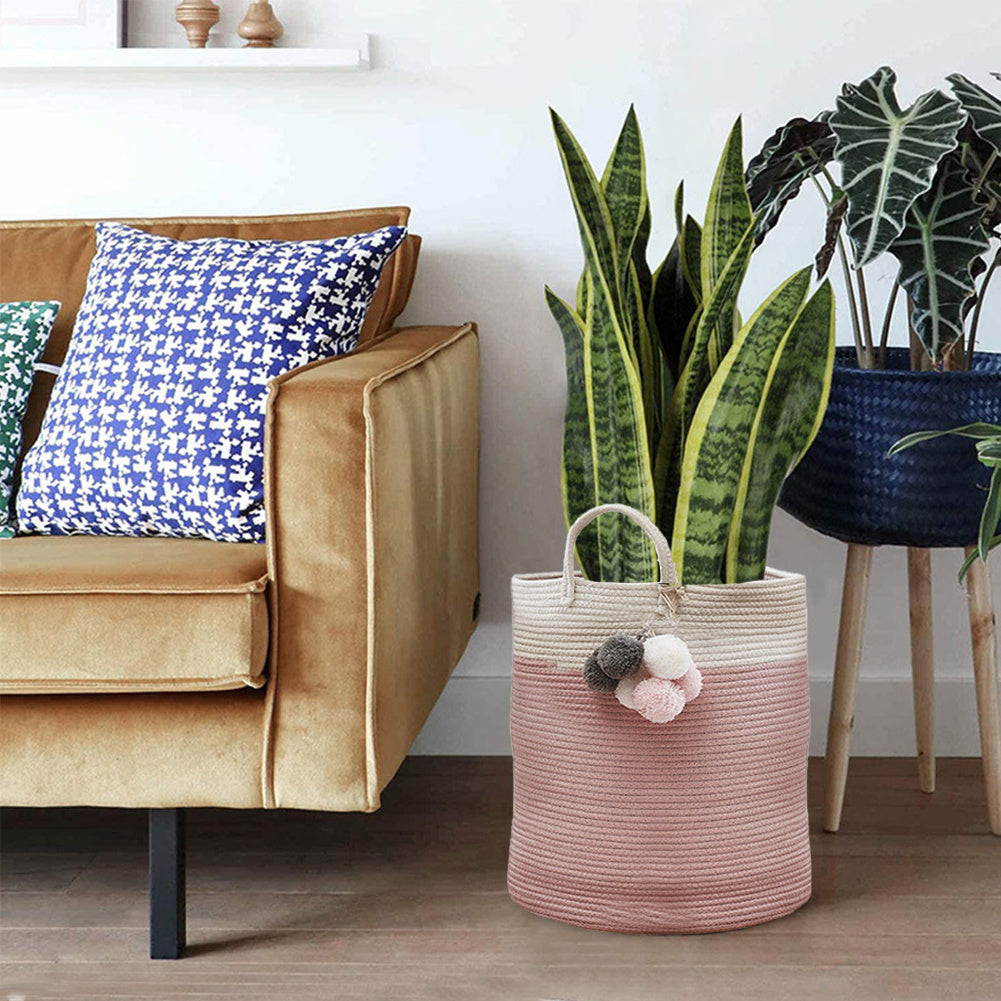 Hamper Woven Soft Laundry Basket with Handle, Pink and White