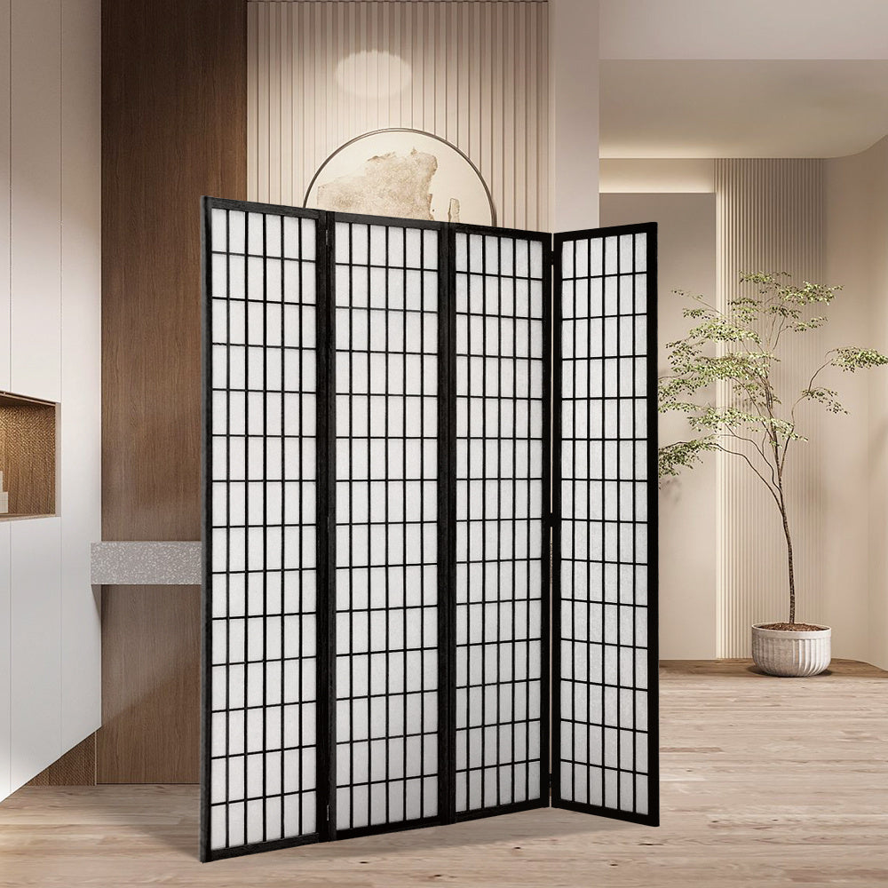 Black 4 Panel Solid Wood Folding Room Divider Privacy Screen
