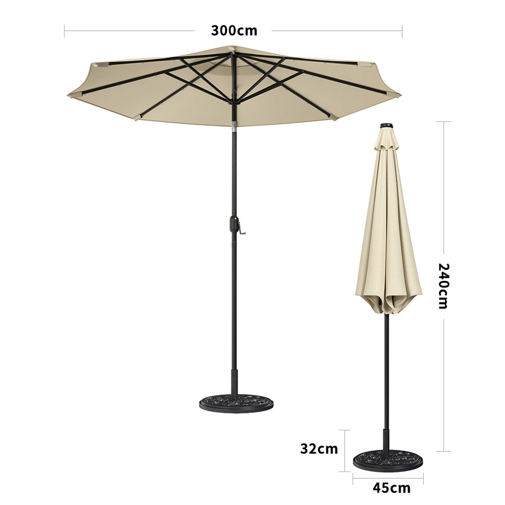 3M Large Garden LED Parasol Outdoor Umbrella with Light Sun Shade Crank Tilt with 10KG Round Base, Beige