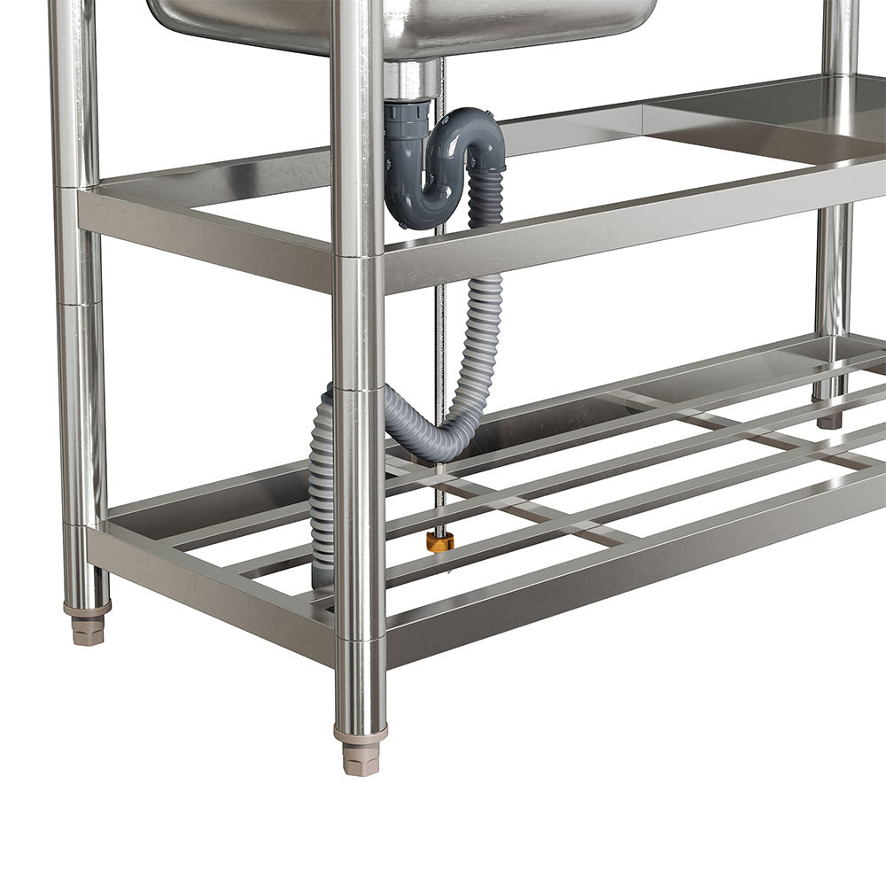 Silver 120cm W Stainless Steel Compartment Sink with Shelves