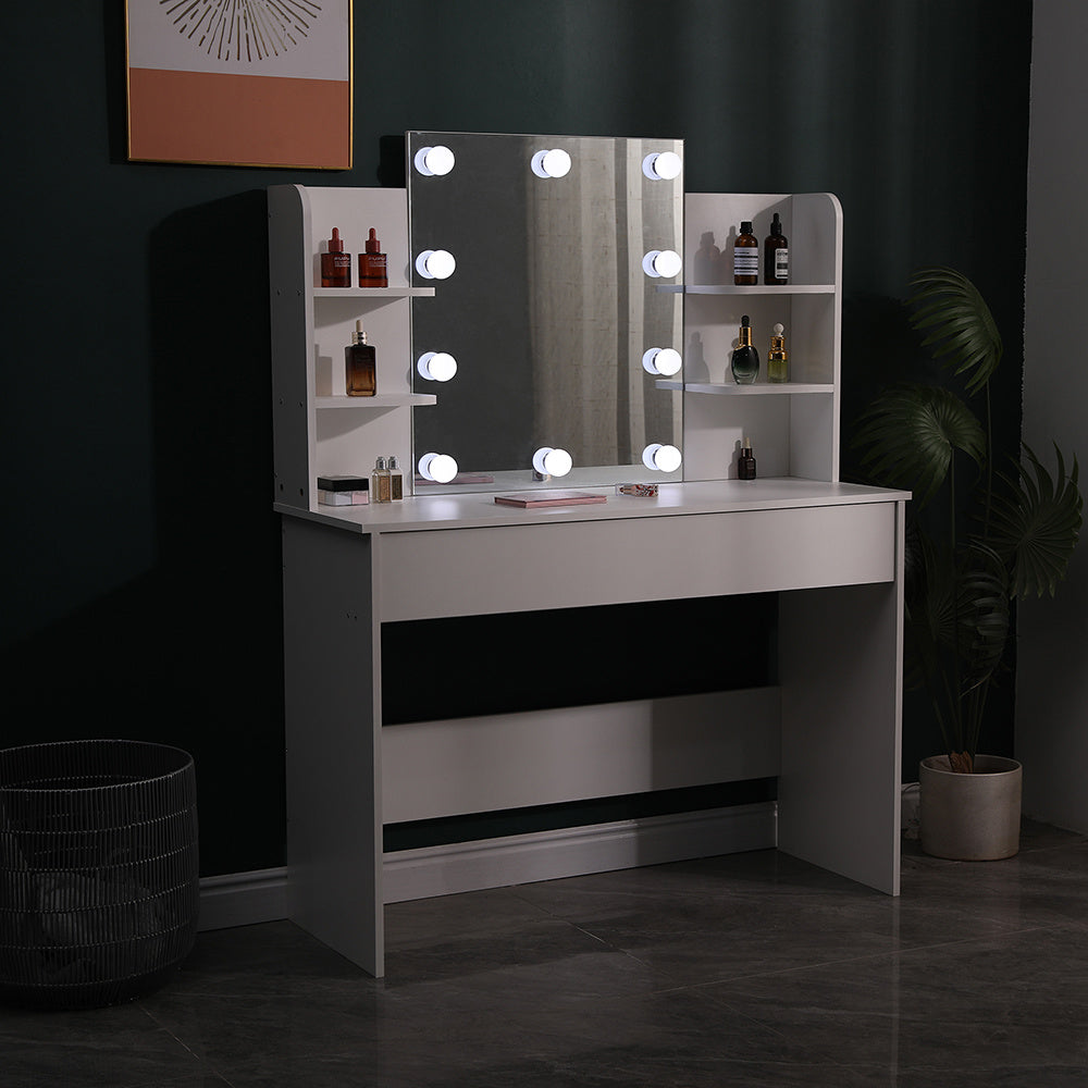 Hollywood Vanity Desk with LED Mirror Shelves and Storage Drawer