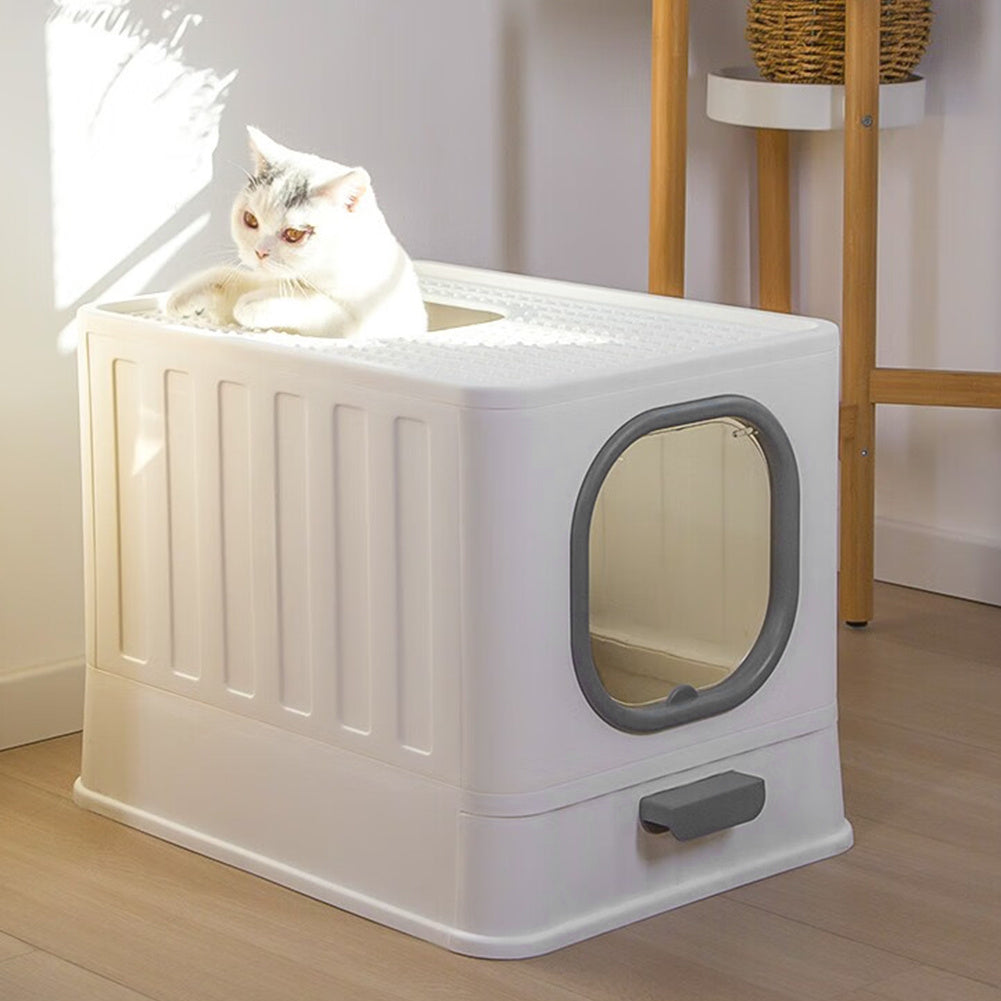 Grey Enclosed Folding Cat Litter Box Toilet with Scoop