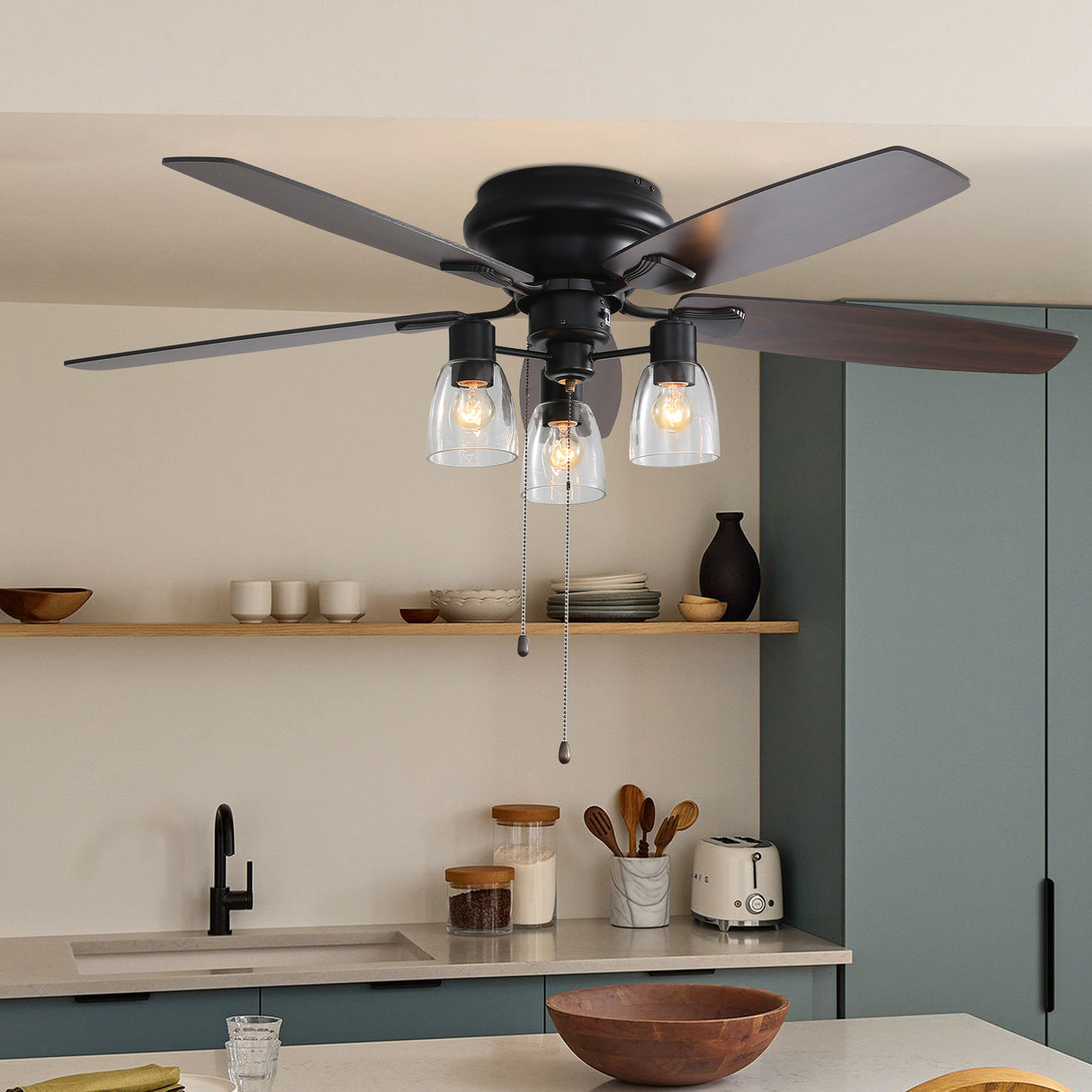 Black 52 Inch Low Profile Ceiling Fan Light with Remote