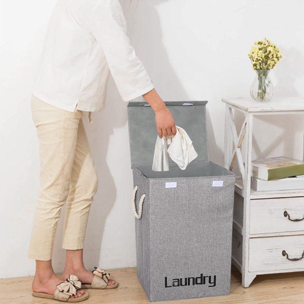 Grey Foldable Linen Laundry Basket Retro Design Hemp Handles