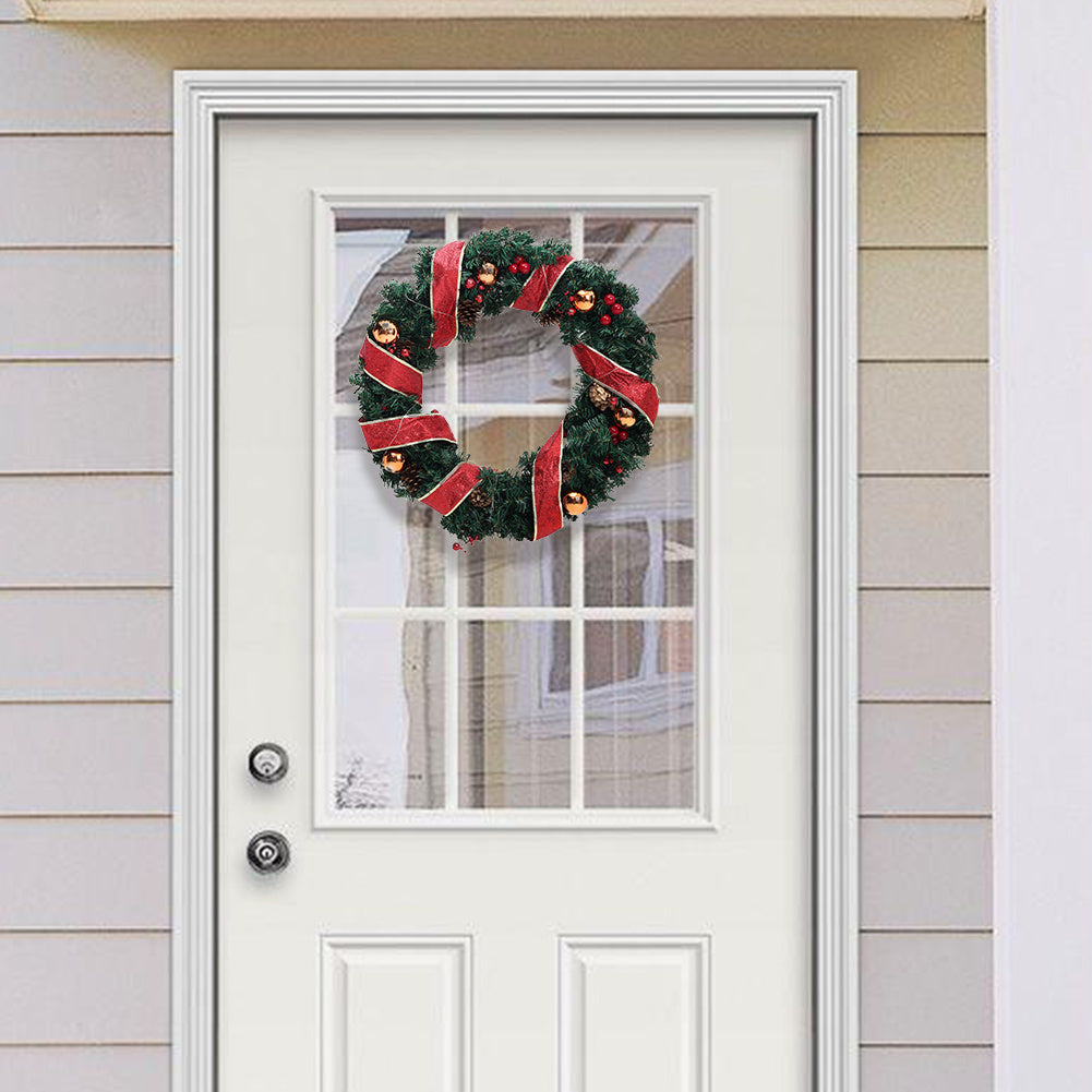 Red Ribbon Artificial Green Pine Leaves Wreath Hanging Xmas Decor, 30cm Dia