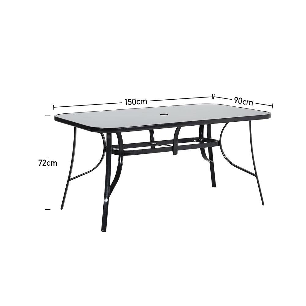 Set of 5 Garden 150CM Rectangle Glass Umbrella Table and Folding Chairs Set