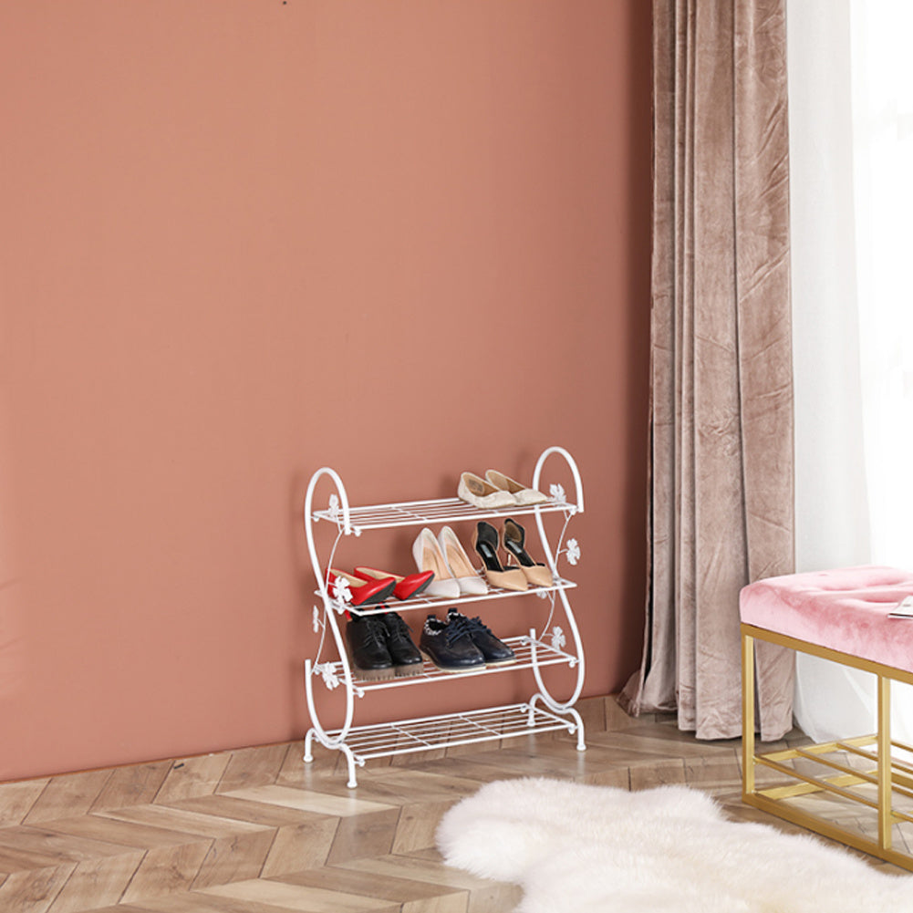 4 Tier Iron Shoe Rack Leaf Decoration, White