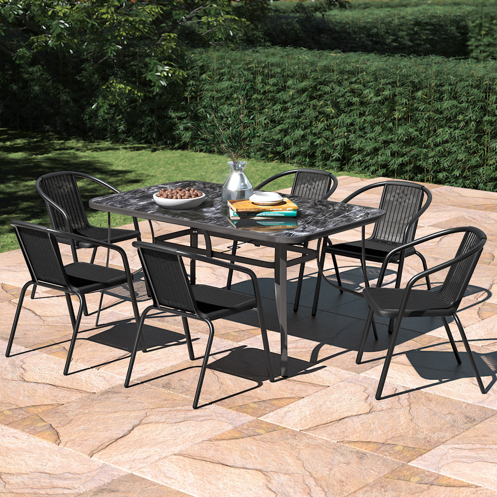 Black Rectangular 150cm Garden Tempered Glass Marble Coffee Table with Six chairs