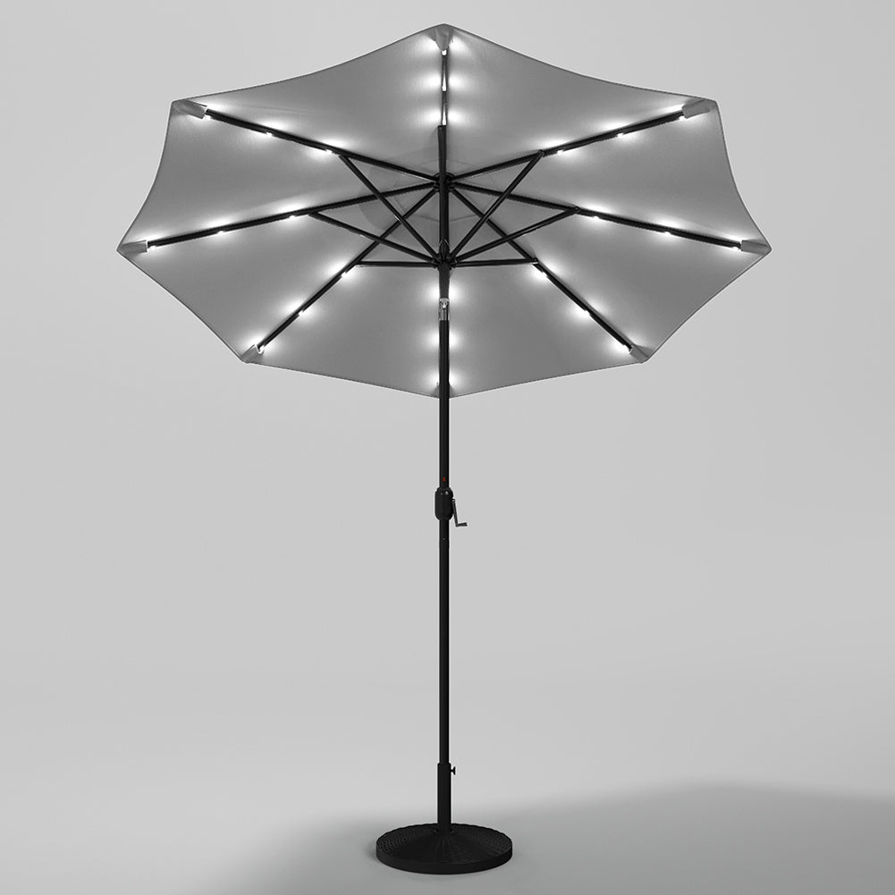 3M Large Garden LED Parasol Outdoor Beach Umbrella with Light Sun Shade Crank Tilt with 14KG Round Base, Light Grey