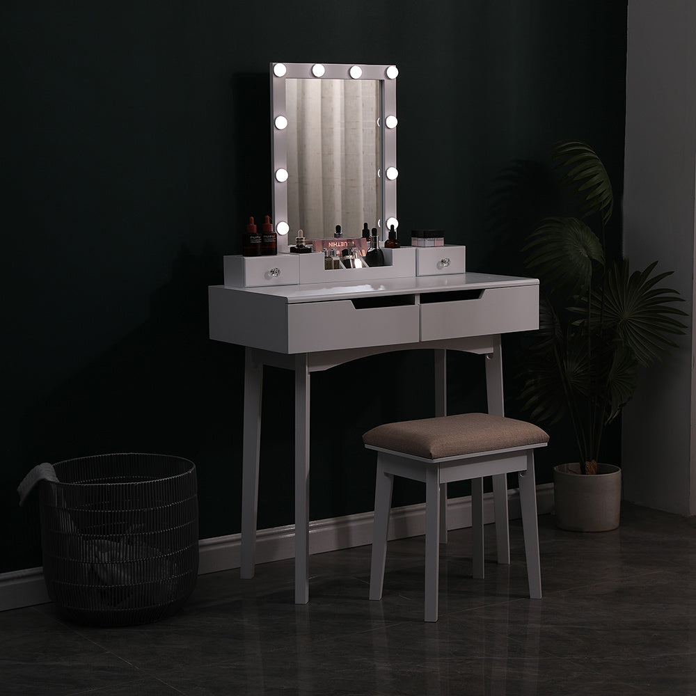 White Vanity Table with LED Mirror Cushioned Stool and Storage Drawers