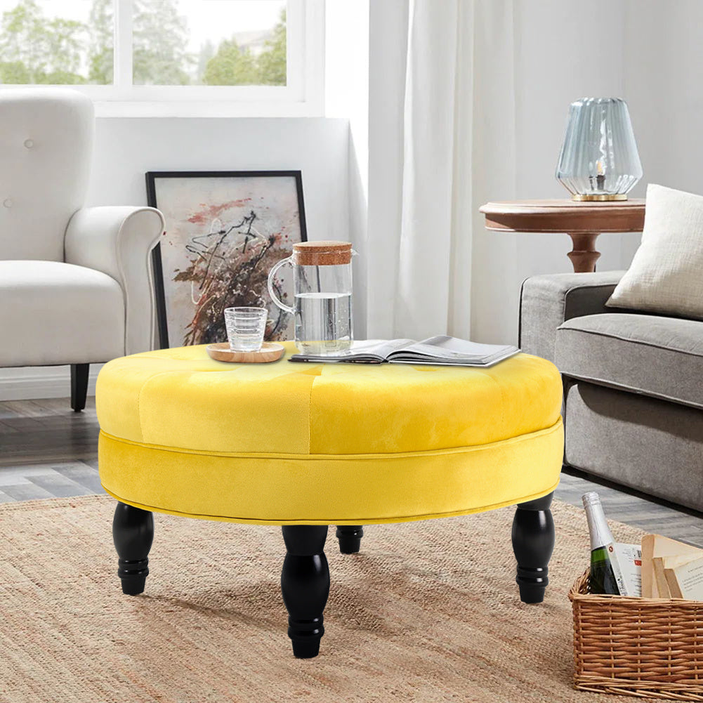 Velvet Round Buttoned Footstool Wood Legs, Yellow
