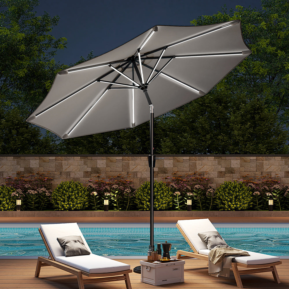 3M Light Grey Large Garden LED Parasol Outdoor Beach Umbrella with Light Sun Shade Crank Tilt No Base