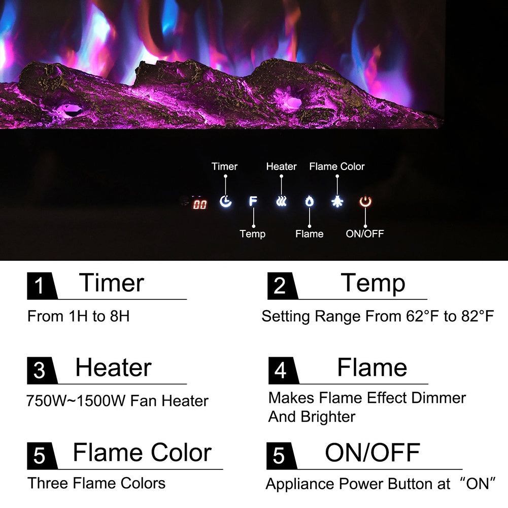 40 Inch LED Electric Fireplace Wall Mounted Wall Insert Heater 9 Flame Colours