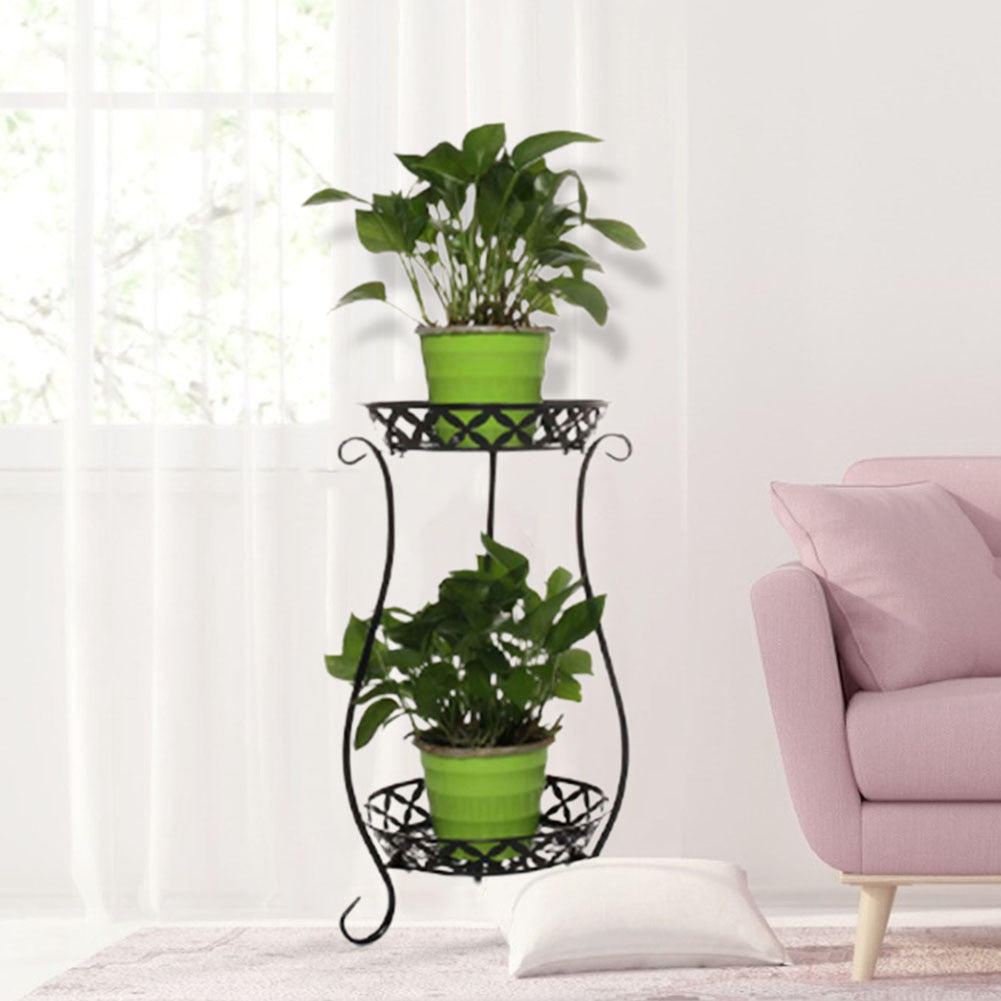 2 Tier Metal Iron Flower Plant Pot Display Stand, Black