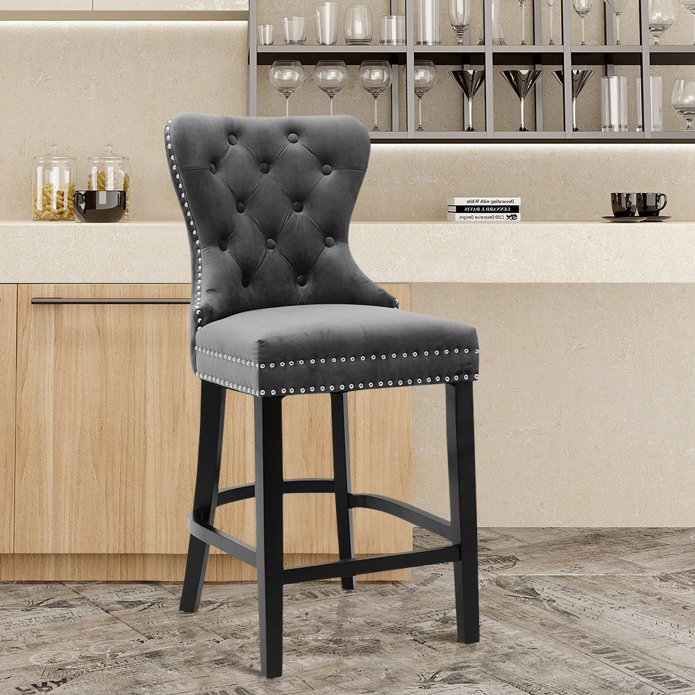 Vintage Velvet Buttoned Studded Dining Chair, Dark Grey