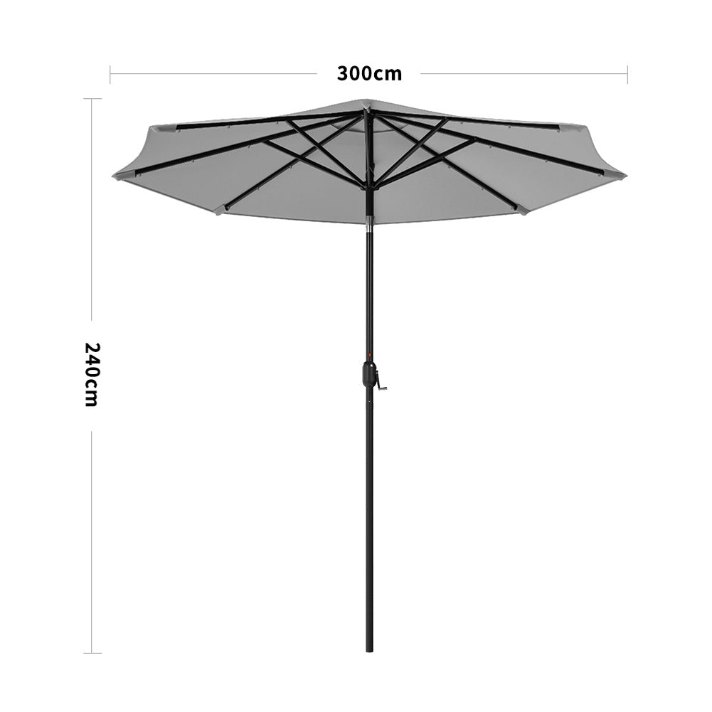 3M Large Garden LED Parasol Outdoor Beach Umbrella with Light Sun Shade Crank Tilt No Base, Light Grey