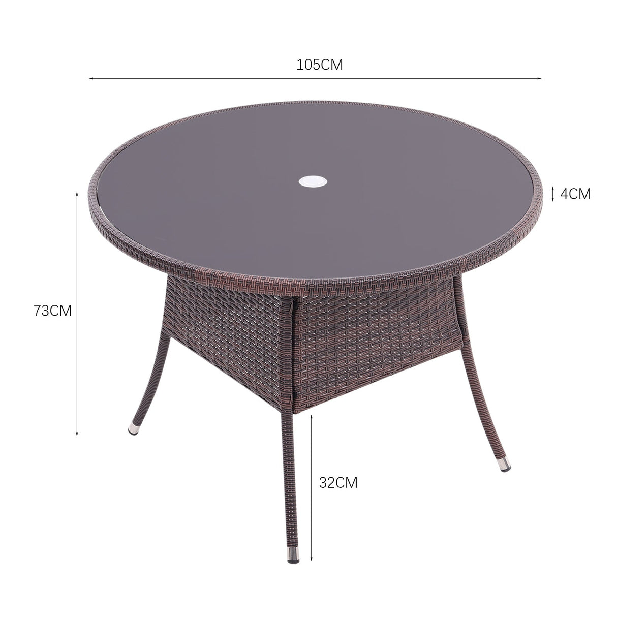 105CM Patio Garden Round Rattan Glass Table With Umbrella Hole Brown