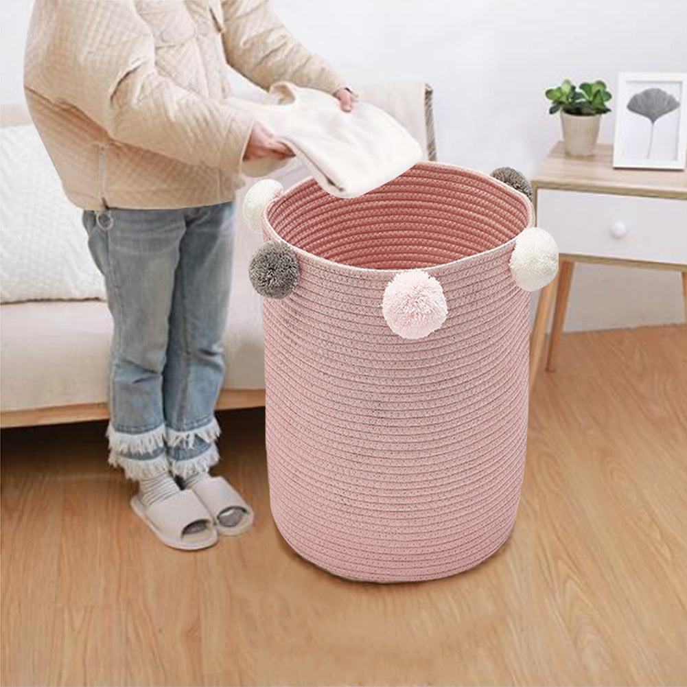 Laundry Basket Washing Clothes Storage Bag with Edge Hairball Decoration, Pink