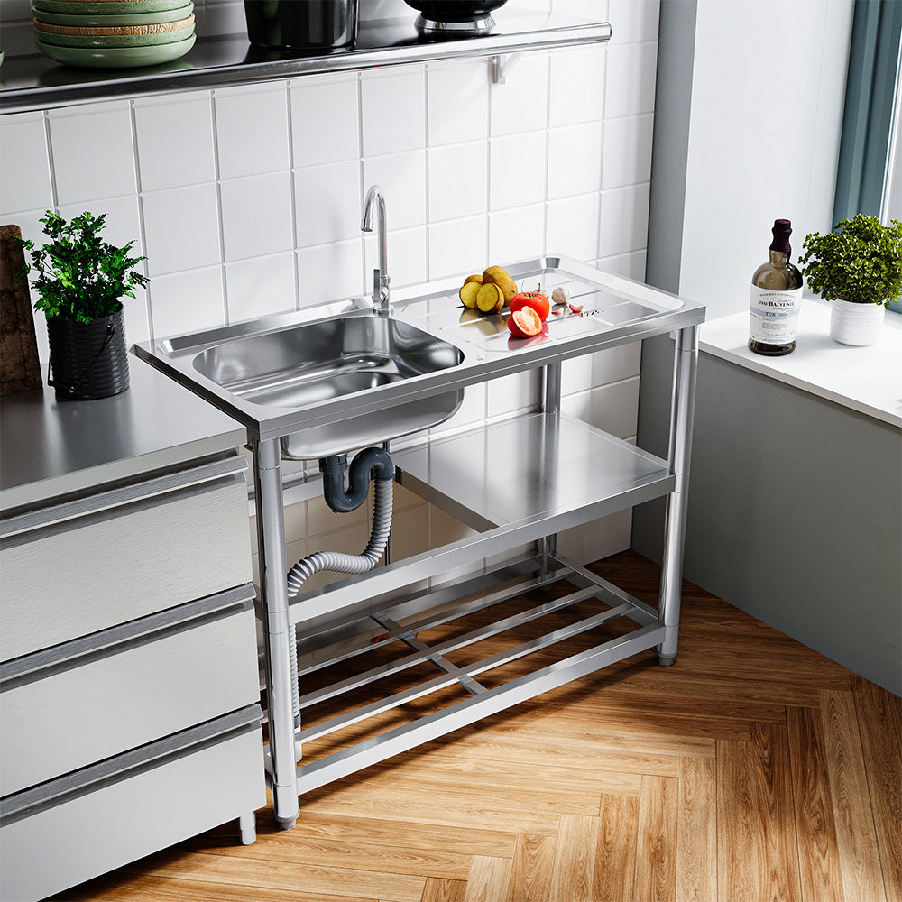 Freestanding Stainless Steel One Compartment Sink with Shelves and Drainboard
