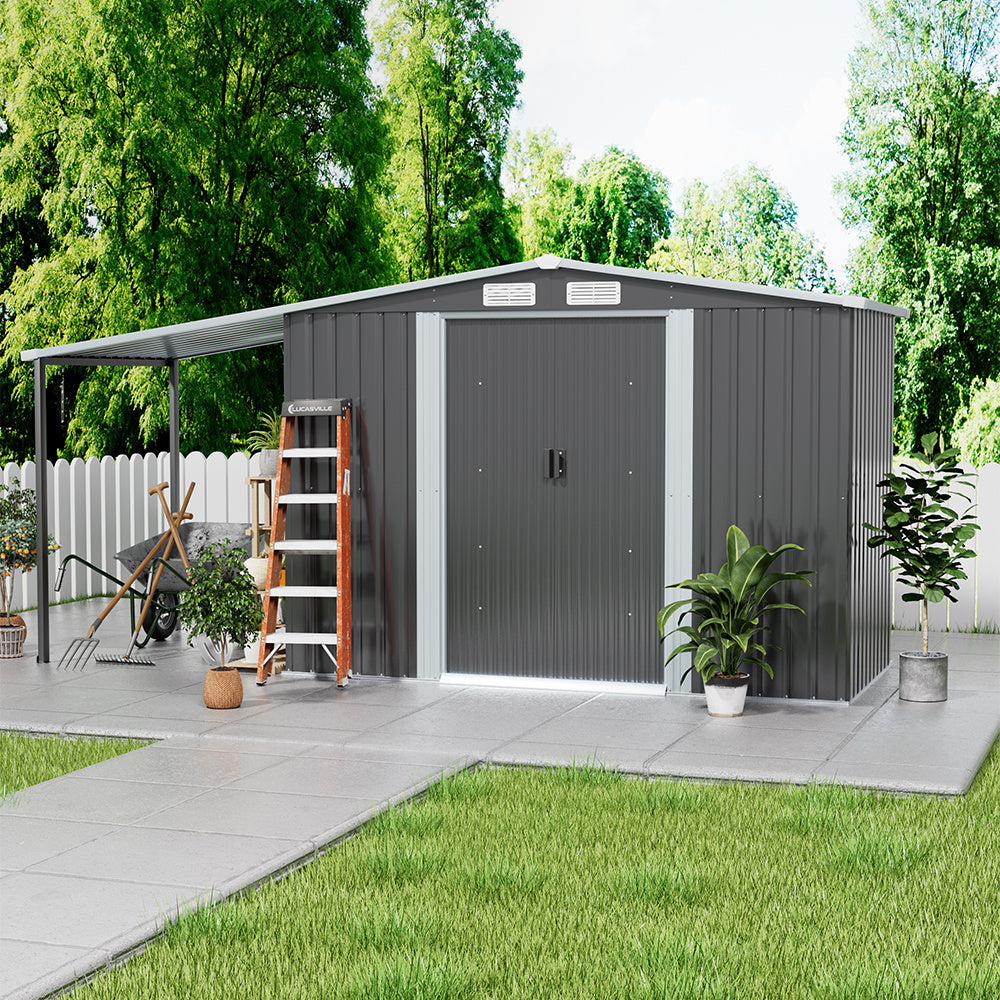Grey 256cm Outdoor Metal Storage Shed with Pitched Roof