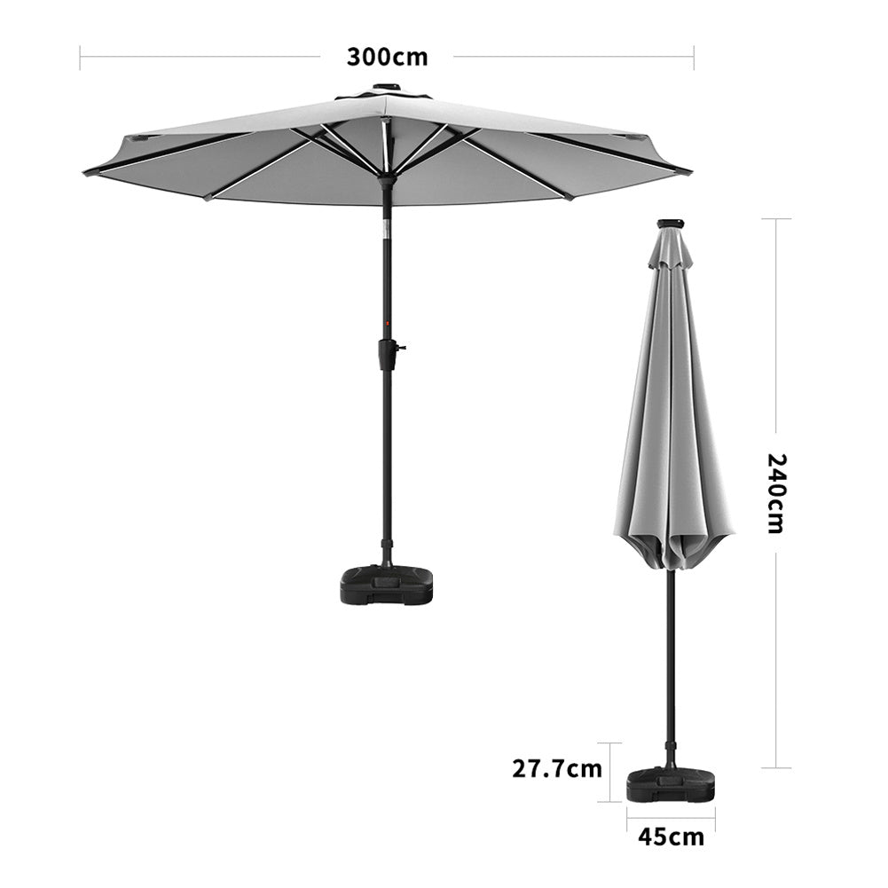 3M Light Grey Large Garden LED Parasol Outdoor Beach Umbrella with Light Sun Shade Crank Tilt with Square Base