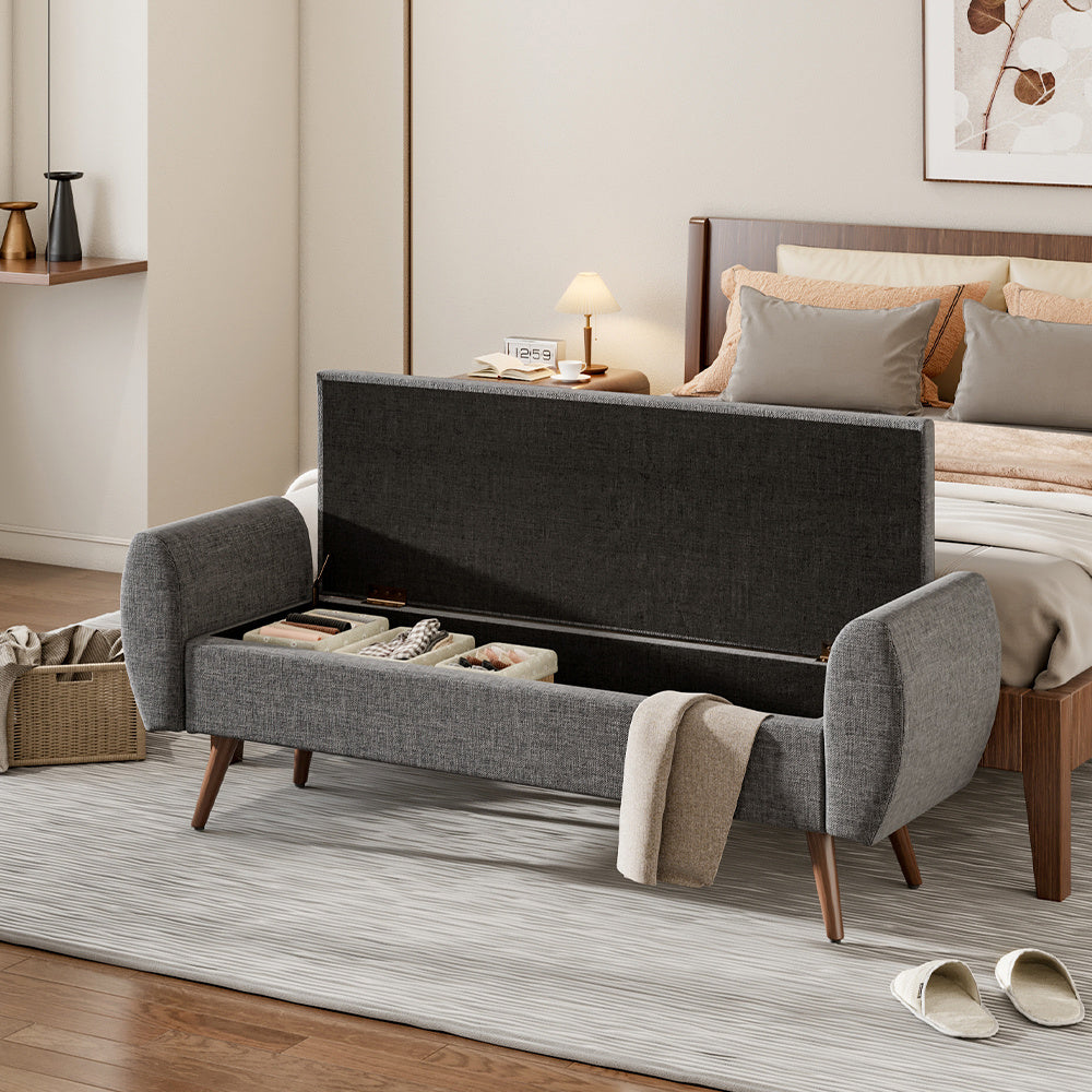 Linen Upholstered Storage Bench with Hidden Storage and Cushioned Seat