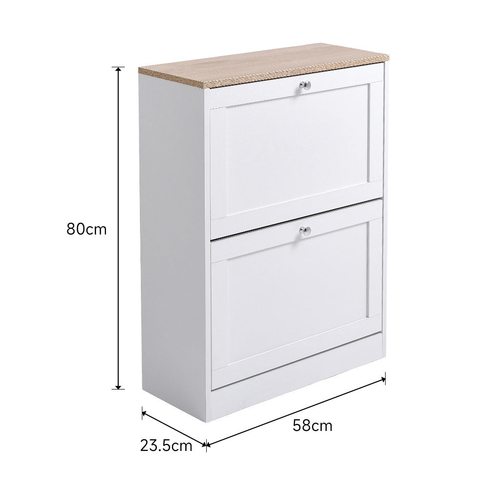 White Wooden 2 Drawer Flip Down Shoe Cabinet