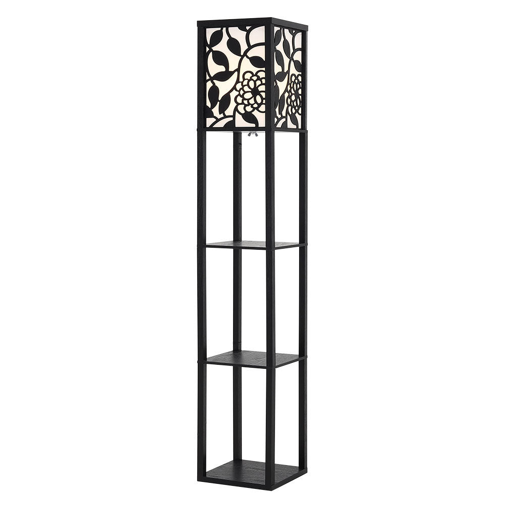 3 in 1 Wooden and Linen Floor Lamp with Shelves,Black Vines