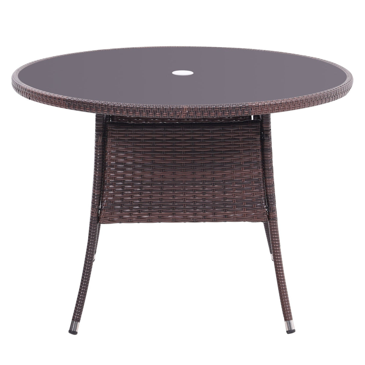 105CM Patio Garden Round Rattan Glass Table With Umbrella Hole Brown