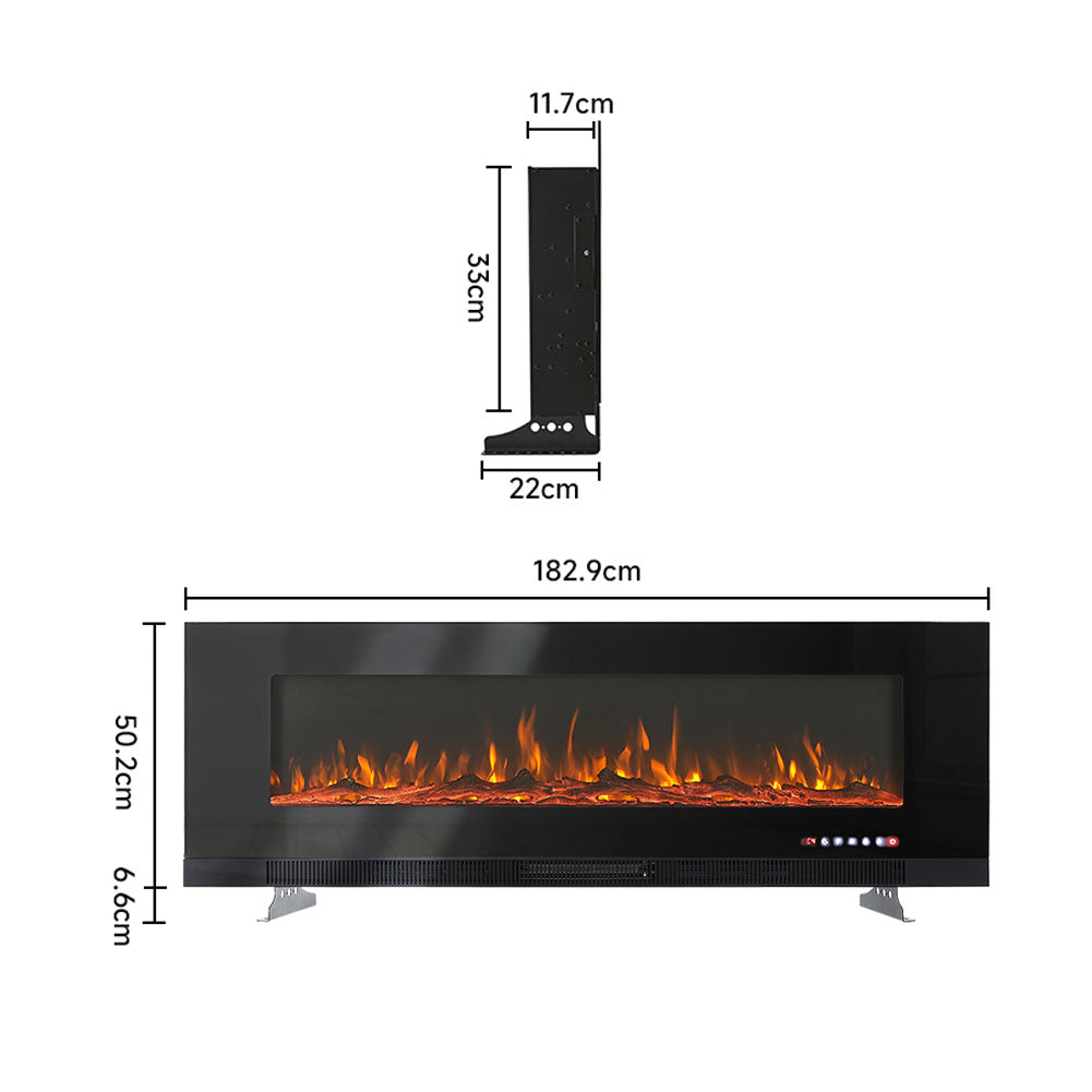 Black 72 Inch Wall Mounted LED Electric Fireplace with 9 Flame Colours
