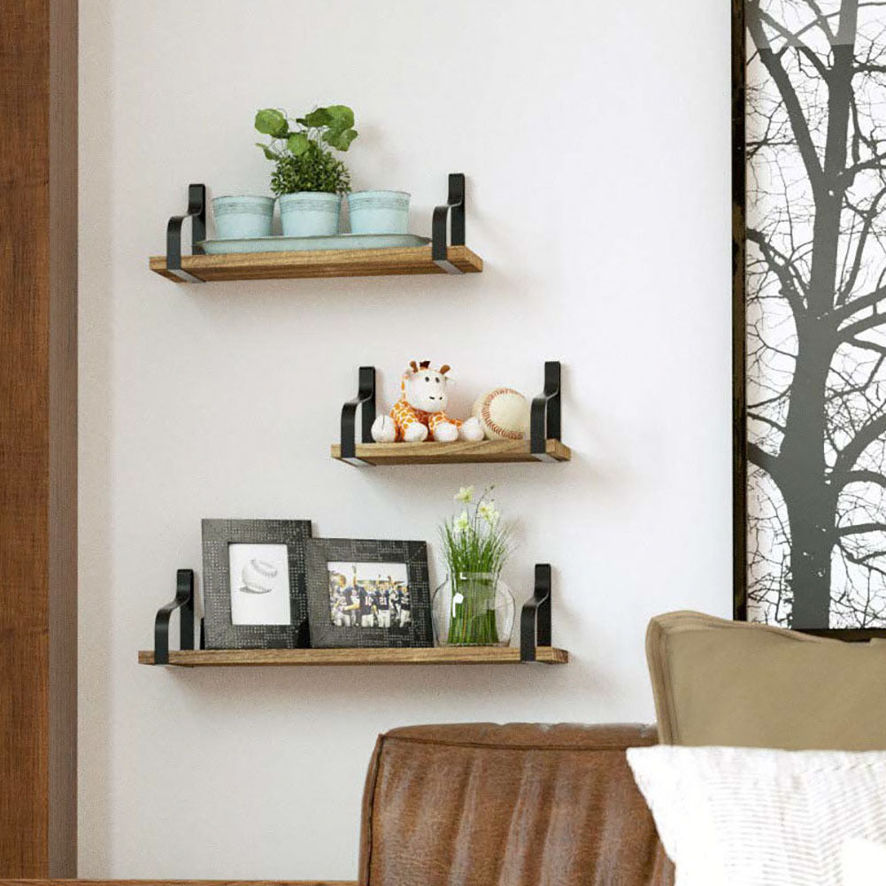 Set of 3 Floating Industrial Wall Shelves Wood Metal Minimalist Storage Unit