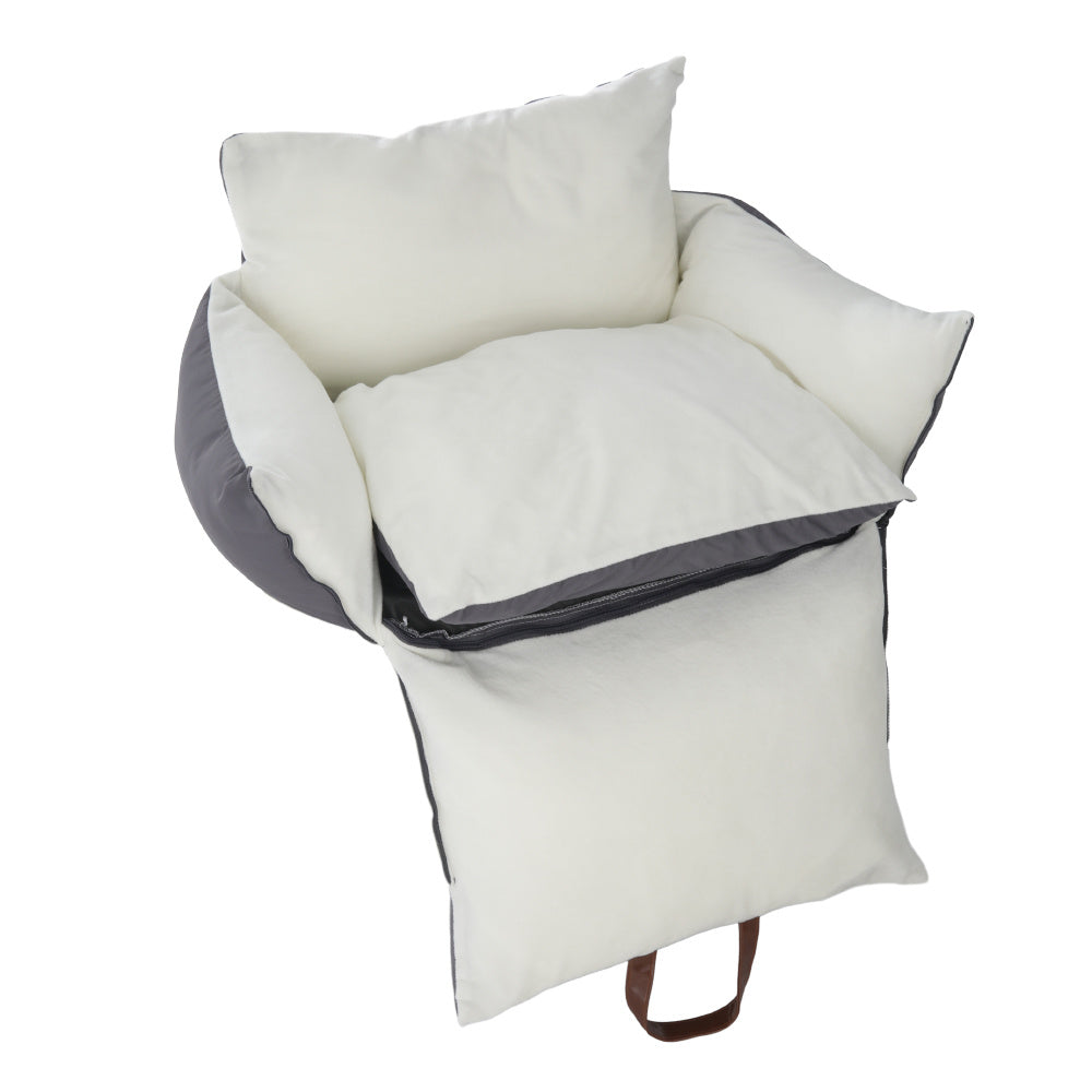 Plush Pet Car Seat Bed with Handle and Adjustable Strap, Grey