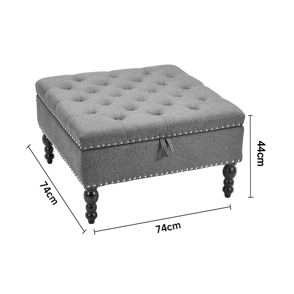 74x77CM Square Tufted Linen Storage Ottoman,Grey