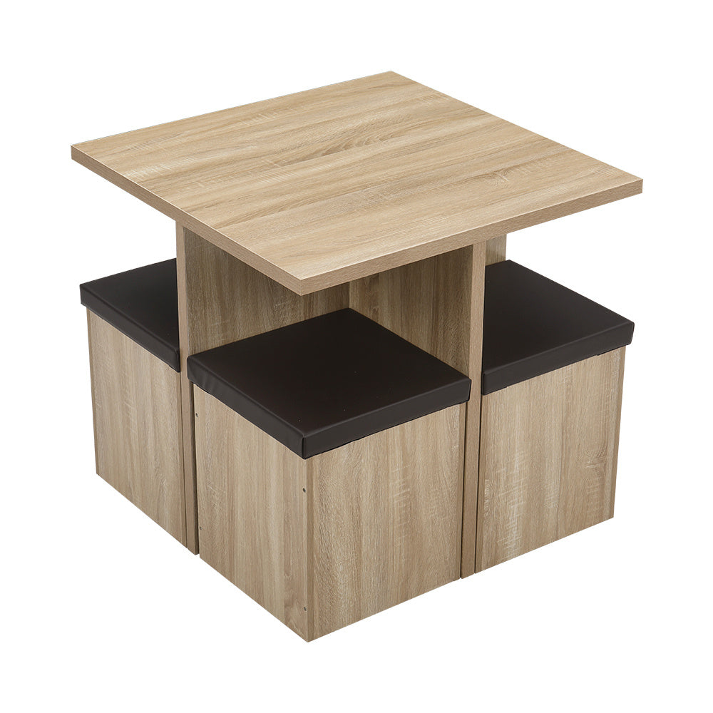 Wood Versatile Table and 4 Storage Stools Set,Natural And Brown