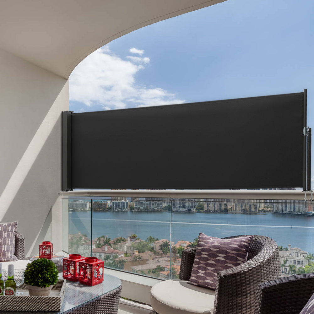 300x100CM Retractable Side Awning Garden Privacy Screen Windbreak Sunshade Black
