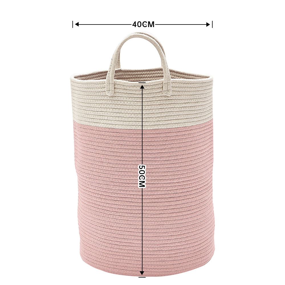 Hamper Woven Soft Laundry Basket with Handle, Pink and White