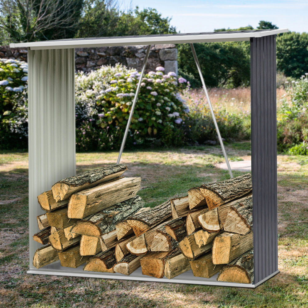 Garden Outdoor Grey Metal Firewood Log Storage Shed