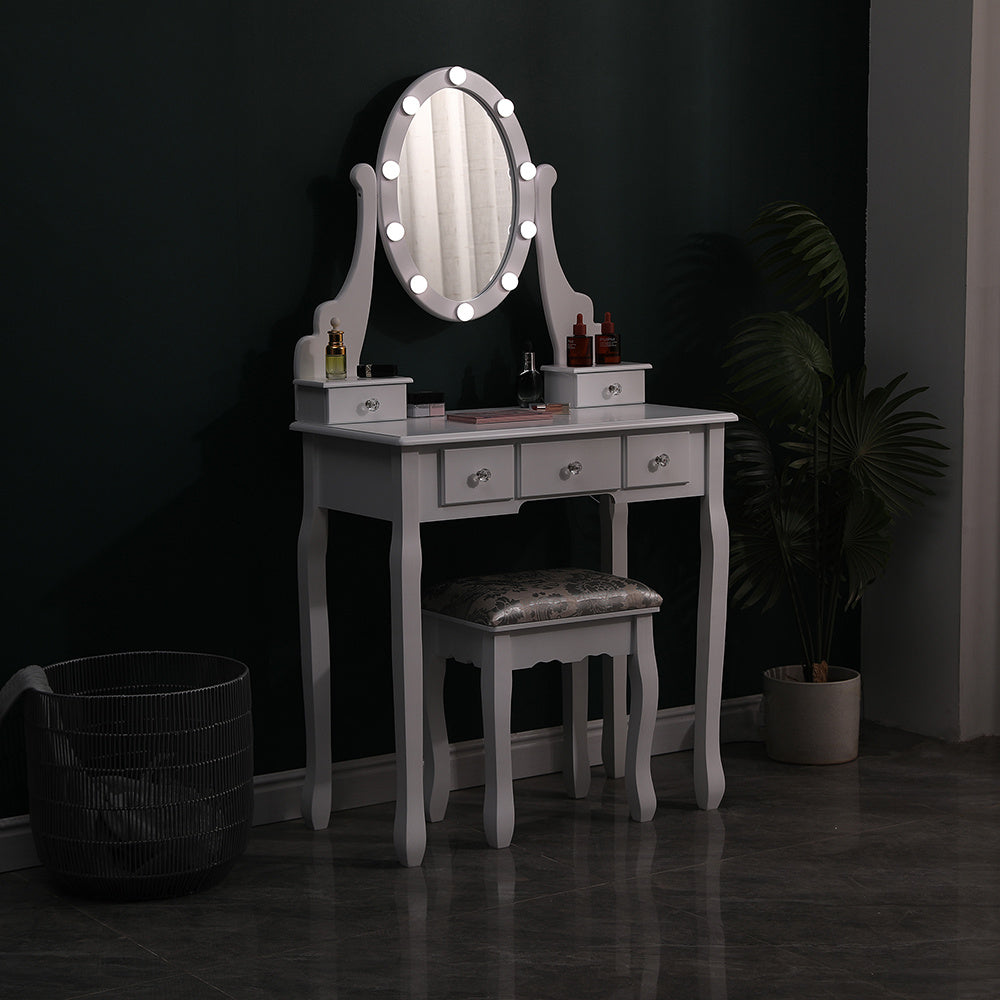 White Lighted Makeup Vanity Desk with Mirror and Stool