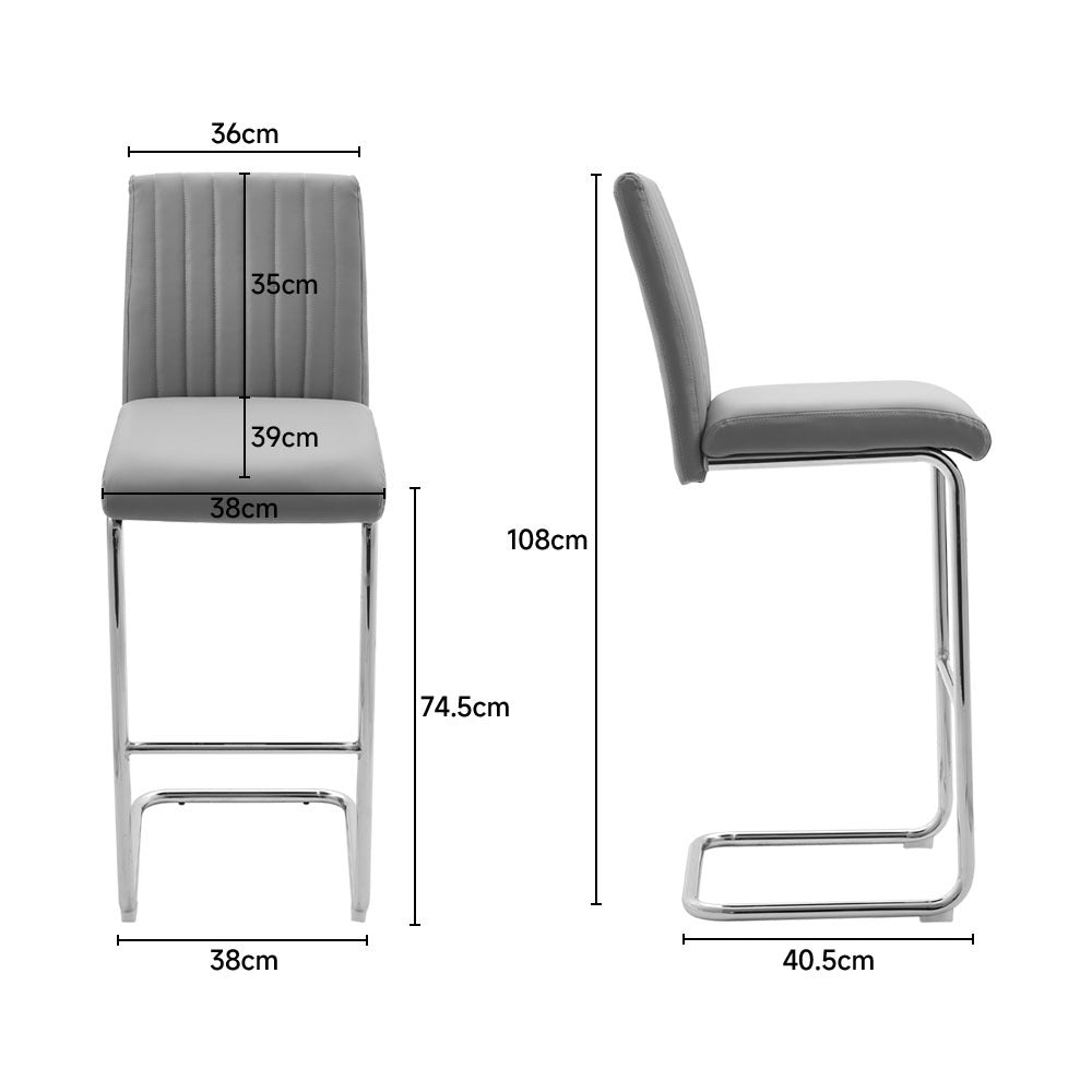 2 Pcs Grey PU Leather Bar Stools with Backrest for Pub Dining Room