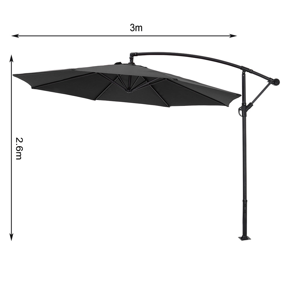 3M Large Garden Hanging Parasol Cantilever Sun Shade Patio Banana Umbrella No Base Black