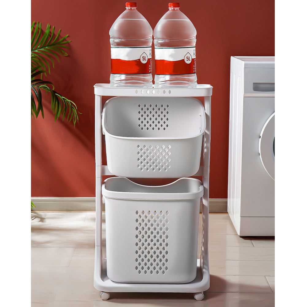 2 Tier Plastic Laundry Basket Trolley Cart Washing Clothes Sorter Organizer
