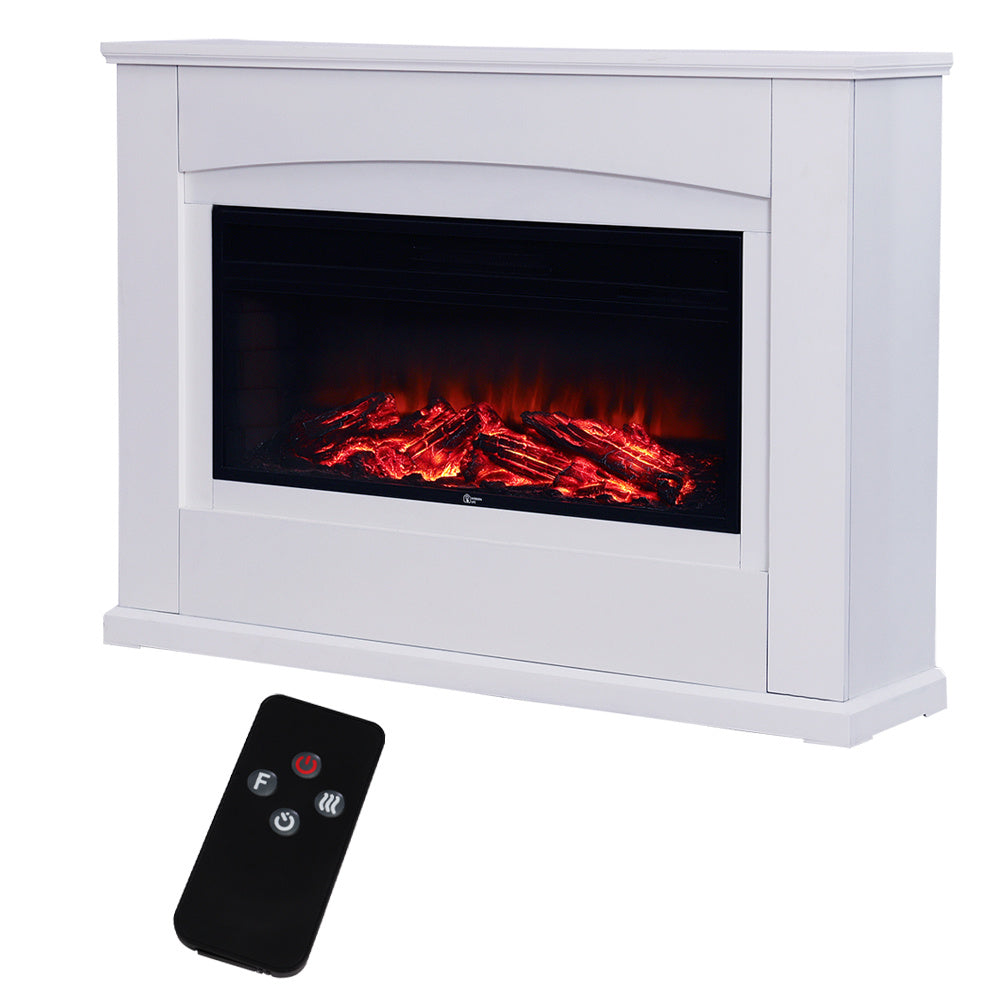 Electric Inset Fireplace Heater Fire Place White Wooden Mantel, 34inch