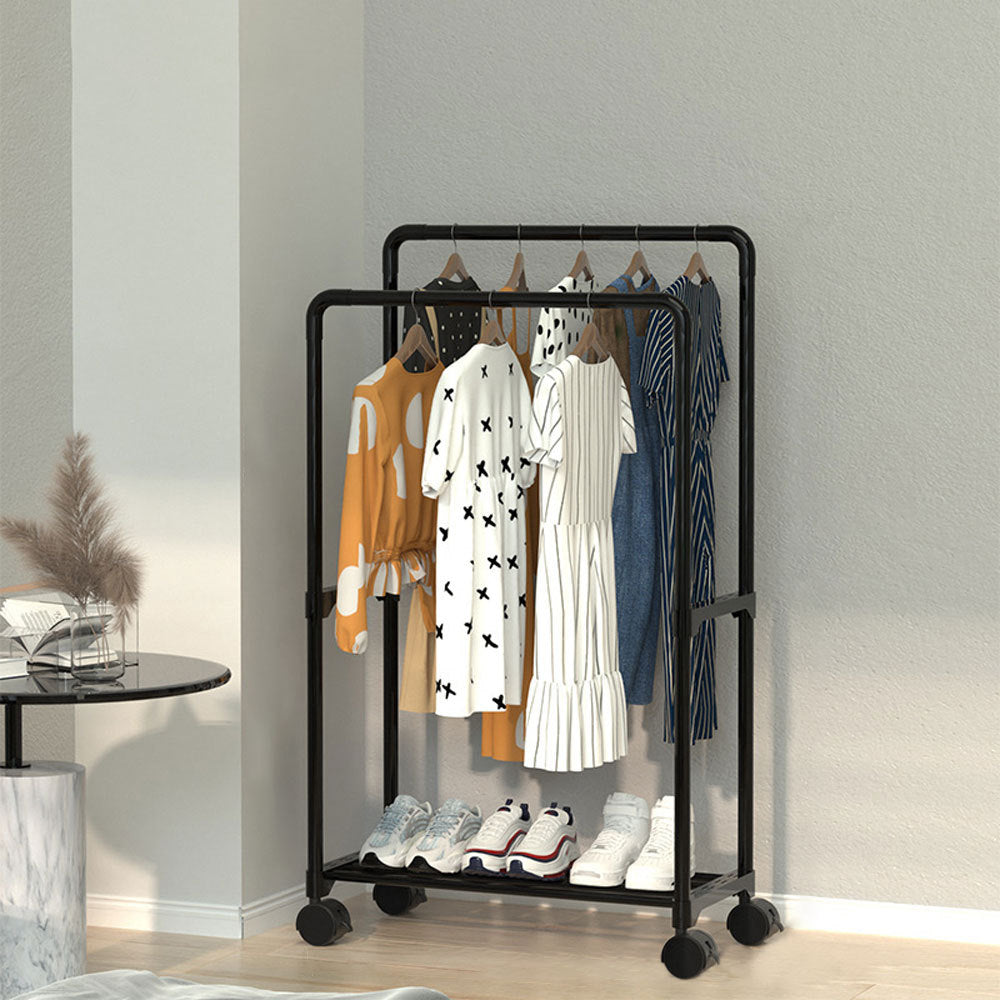 Black Double Rod Metal Clothes Rack on Wheels