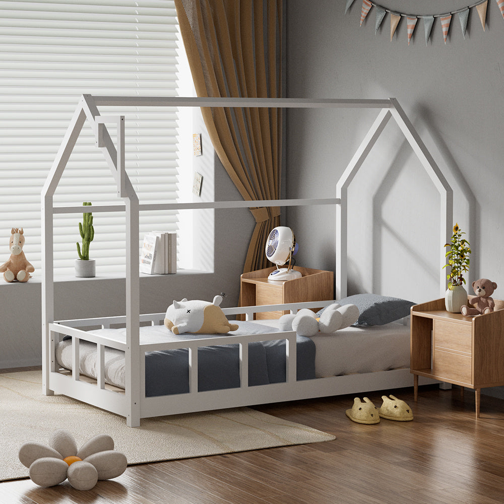 Kids House Bed Solid Pine Low Frame With Guardrails Safe Sleep